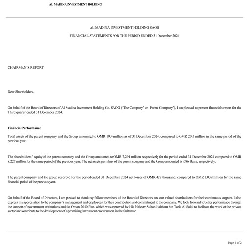 Thumbnail Al Madina Investment Holding Co. SAOG Quarterly Report 2024-q3