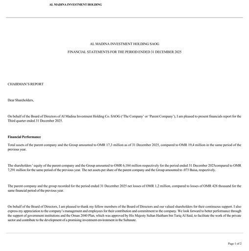 Thumbnail Al Madina Investment Holding Co. SAOG Quarterly Report 2025-q3