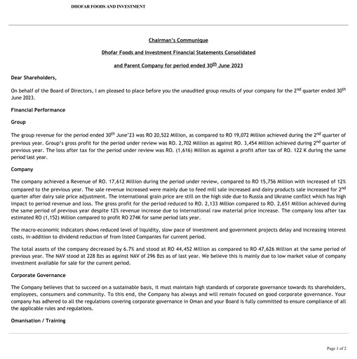 Thumbnail Dhofar Food & Investment SAOG Half-year Report 2023-h1