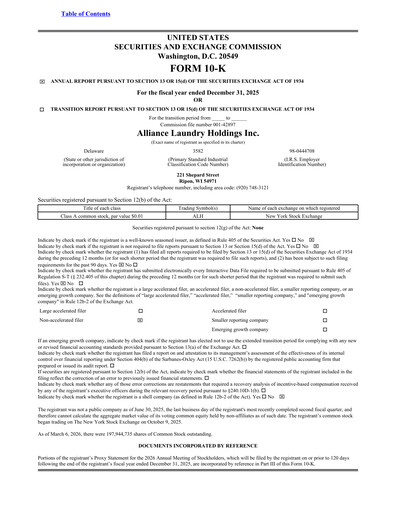 Thumbnail Alliance Laundry Holdings Annual Report 2025