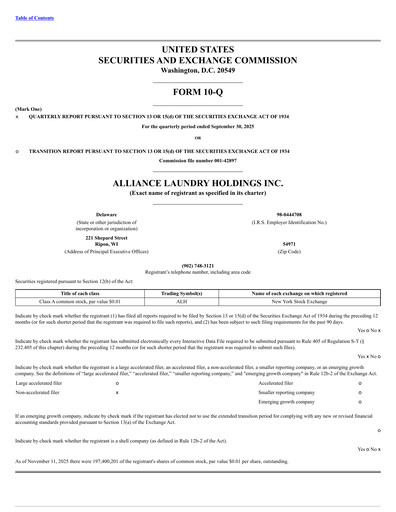 Thumbnail Alliance Laundry Holdings Quarterly Report 2025-q3