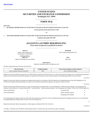 Thumbnail Alliance Laundry Holdings Quarterly Report 2026-q1