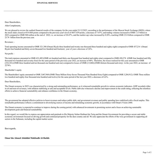 Thumbnail Financial Services Company SAOG Financial Statement 2023