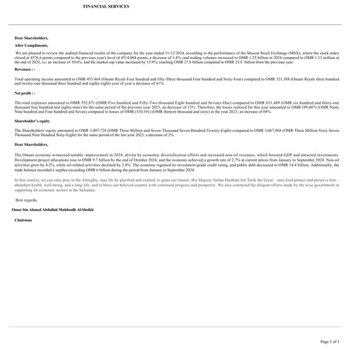 Thumbnail Financial Services Company SAOG Financial Statement 2024