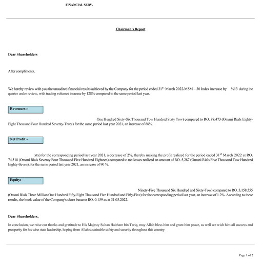 Thumbnail Financial Services Company SAOG Quarterly Report 2022-q1