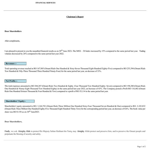 Thumbnail Financial Services Company SAOG Quarterly Report 2023-q2