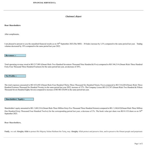 Thumbnail Financial Services Company SAOG Quarterly Report 2023-q3