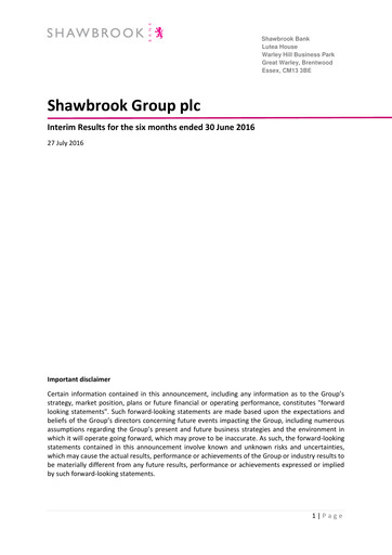 Thumbnail Shawbrook Group PLC Half-year Report 2016-h1