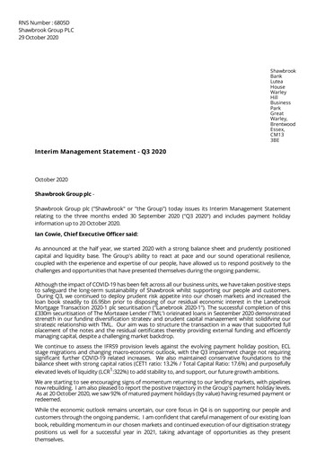 Thumbnail Shawbrook Group PLC Quarterly Report 2020-q3