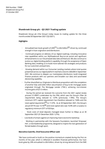 Thumbnail Shawbrook Group PLC Quarterly Report 2021-q3