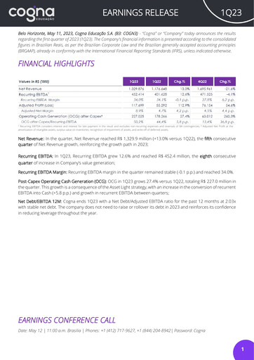 Thumbnail Cogna Educação Quarterly Report 2023-q1