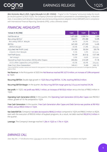 Thumbnail Cogna Educação Quarterly Report 2025-q1