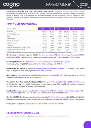 Thumbnail Cogna Educação Quarterly Report 2025-q2