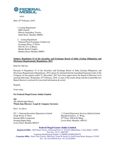 Thumbnail Federal-Mogul Goetze Quarterly Report 2017-q3