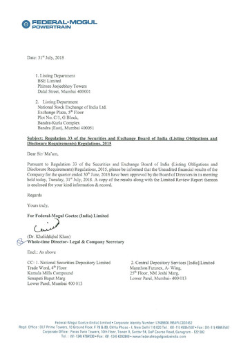 Thumbnail Federal-Mogul Goetze Quarterly Report 2018-q1