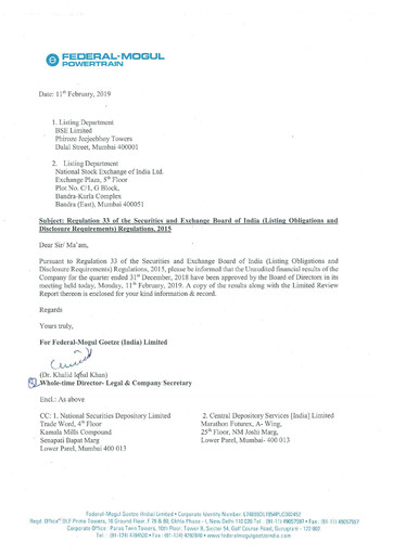 Thumbnail Federal-Mogul Goetze Quarterly Report 2018-q3