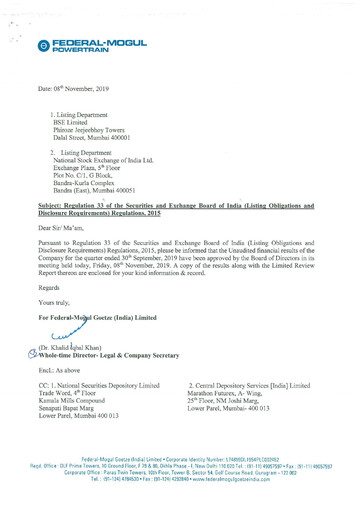 Thumbnail Federal-Mogul Goetze Quarterly Report 2019-q2