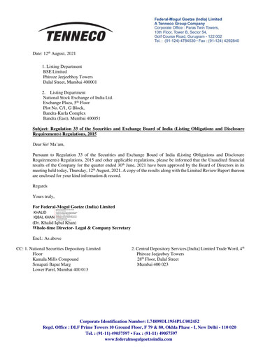 Thumbnail Federal-Mogul Goetze Quarterly Report 2021-q1