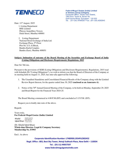 Thumbnail Federal-Mogul Goetze Quarterly Report 2025-q1