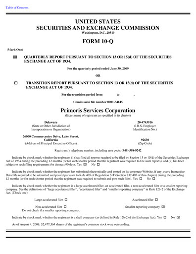 Thumbnail Primoris Services Corporation
 Quarterly Report 2009-q2