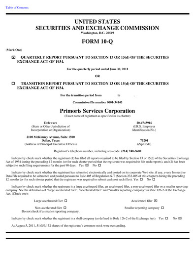Thumbnail Primoris Services Corporation
 Quarterly Report 2011-q2