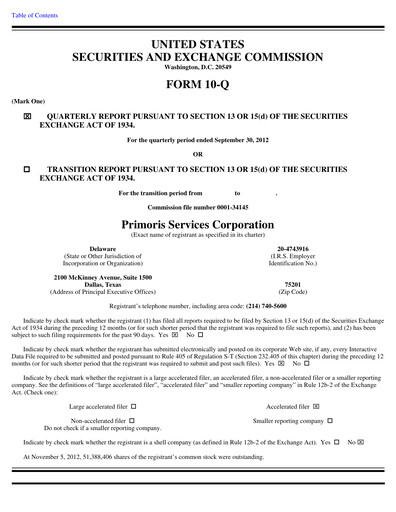 Thumbnail Primoris Services Corporation
 Quarterly Report 2012-q3
