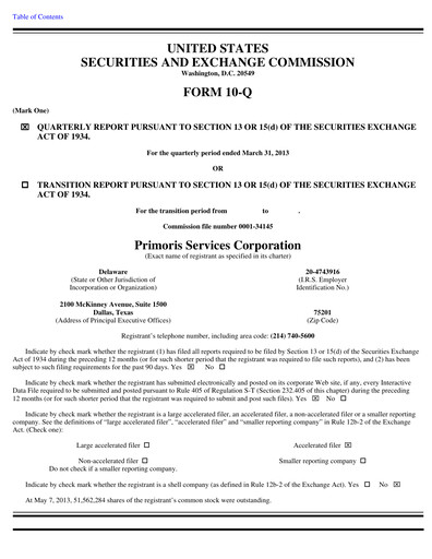 Thumbnail Primoris Services Corporation
 Quarterly Report 2013-q1