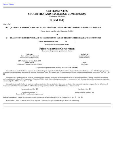 Thumbnail Primoris Services Corporation
 Quarterly Report 2014-q3