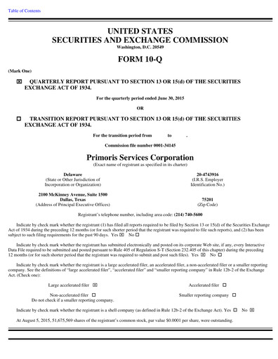 Thumbnail Primoris Services Corporation
 Quarterly Report 2015-q2