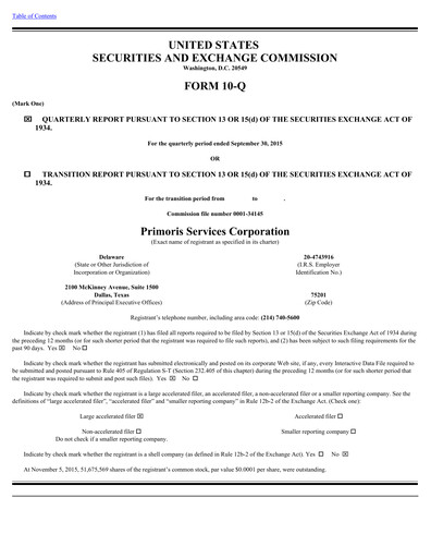 Thumbnail Primoris Services Corporation
 Quarterly Report 2015-q3