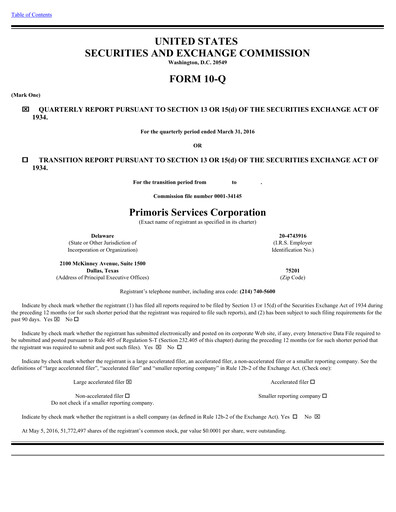 Thumbnail Primoris Services Corporation
 Quarterly Report 2016-q1