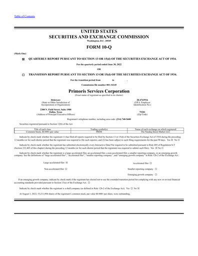 Thumbnail Primoris Services Corporation
 Quarterly Report 2022-q2