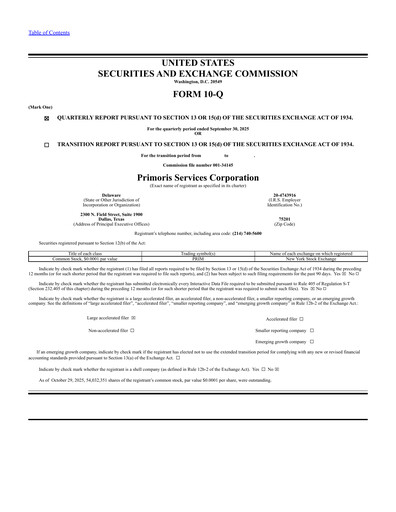Thumbnail Primoris Services Corporation
 Quarterly Report 2025-q3