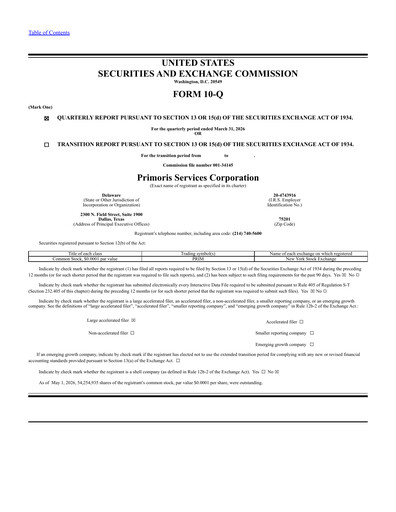 Thumbnail Primoris Services Corporation
 Quarterly Report 2026-q1