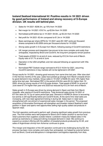 Thumbnail Iceland Seafood International Half-year Report 2021