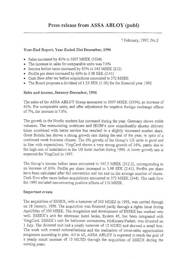 Thumbnail Assa Abloy
 Financial Statement 1996