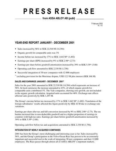 Thumbnail Assa Abloy
 Financial Statement 2001