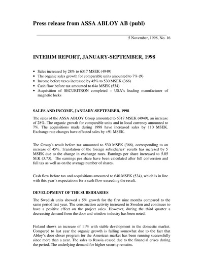 Thumbnail Assa Abloy
 Quarterly Report 1998-q3