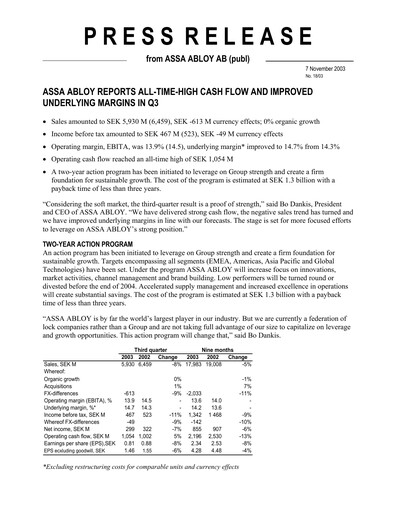 Thumbnail Assa Abloy
 Quarterly Report 2003-q3