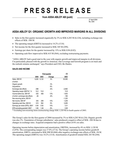 Thumbnail Assa Abloy
 Quarterly Report 2004-q1