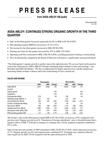 Thumbnail Assa Abloy
 Quarterly Report 2004-q3