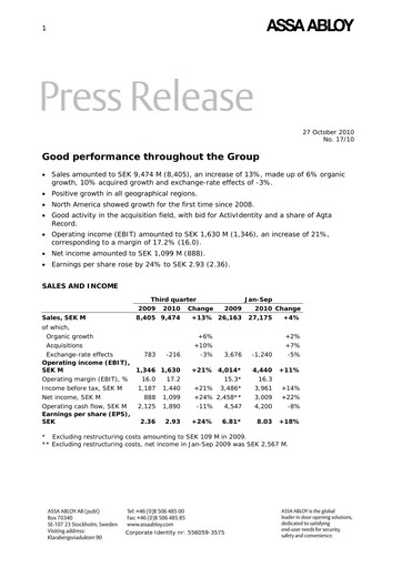 Thumbnail Assa Abloy
 Quarterly Report 2010-q3