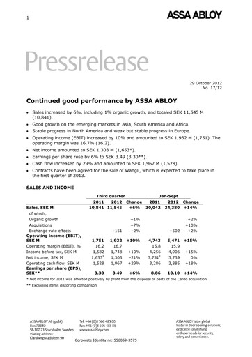 Thumbnail Assa Abloy
 Quarterly Report 2012-q3