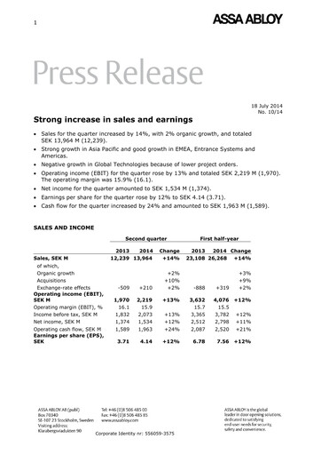 Thumbnail Assa Abloy
 Quarterly Report 2014-q2
