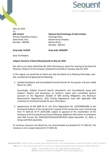 Thumbnail Sequent Scientific Financial Statement 2024-2025