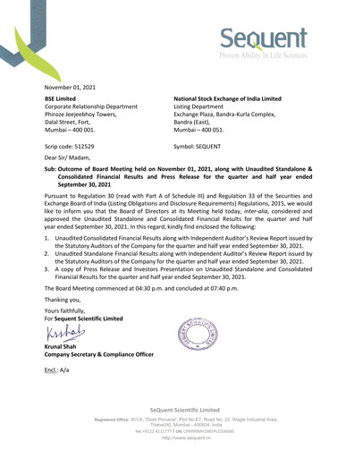 Thumbnail Sequent Scientific Quarterly Report 2021-q2