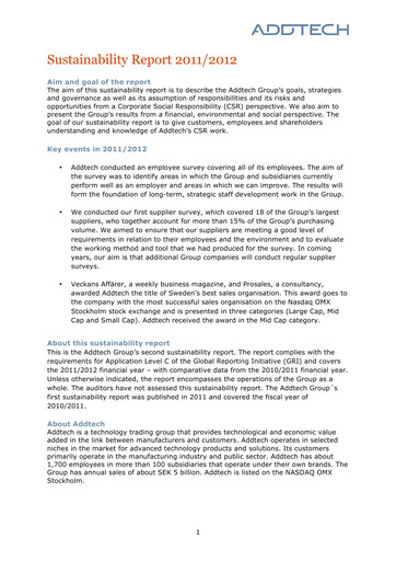 Thumbnail Addtech AB Sustainability Report 2011-2012