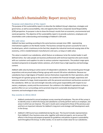 Thumbnail Addtech AB Sustainability Report 2012-2013