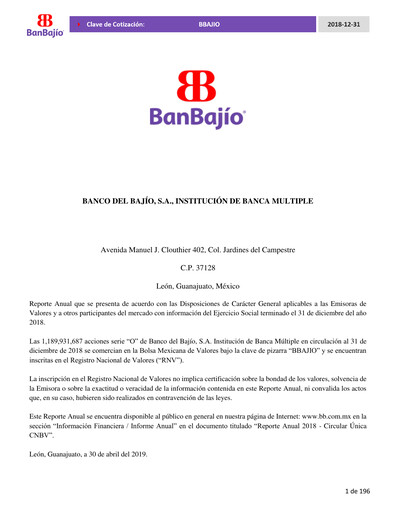 Thumbnail Banco del Bajío Annual Report 2018