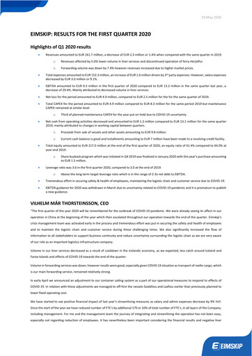 Thumbnail Eimskipafélag Íslands Quarterly Report 2020-q1